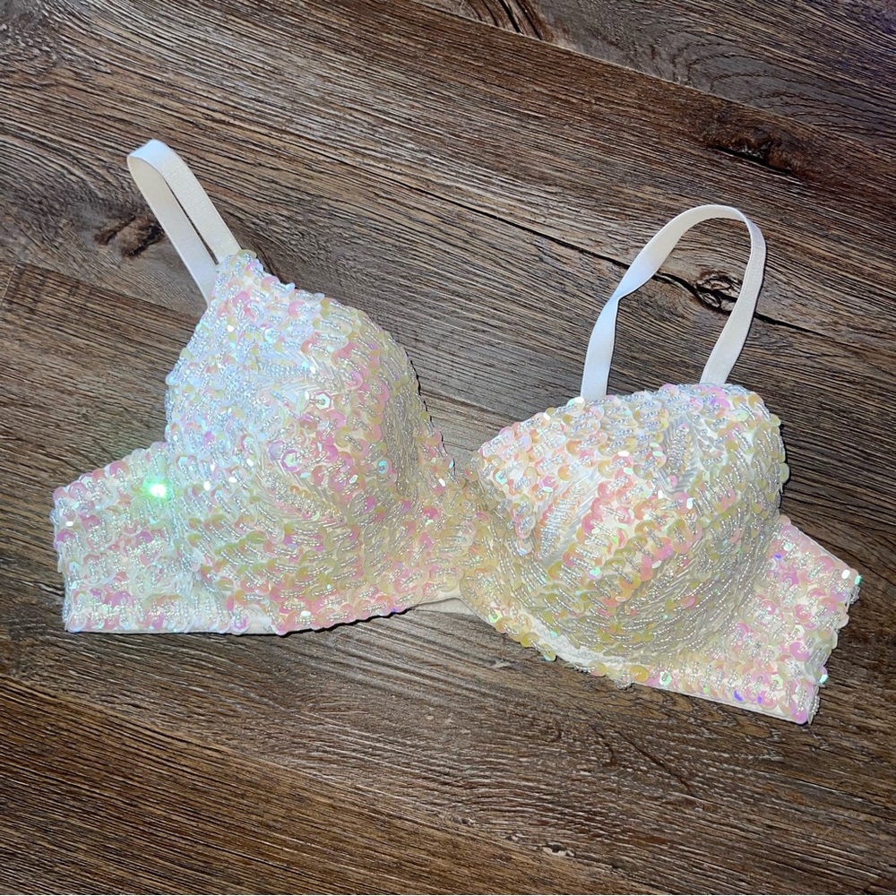 Sequin Embellished Cream Bra